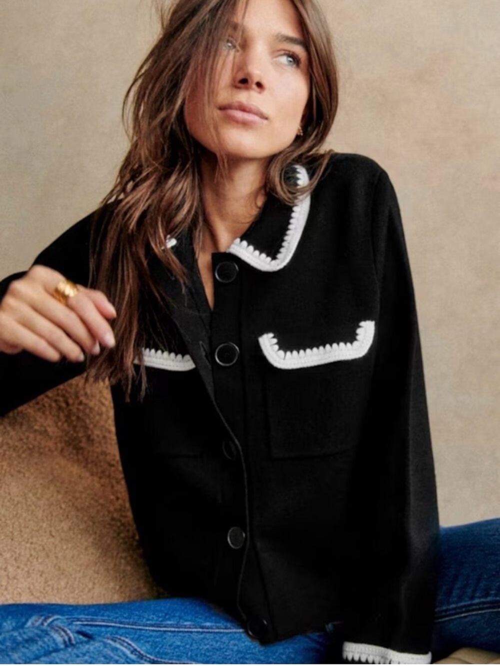 XS Sezane Betty Cardigan with crochet white trim